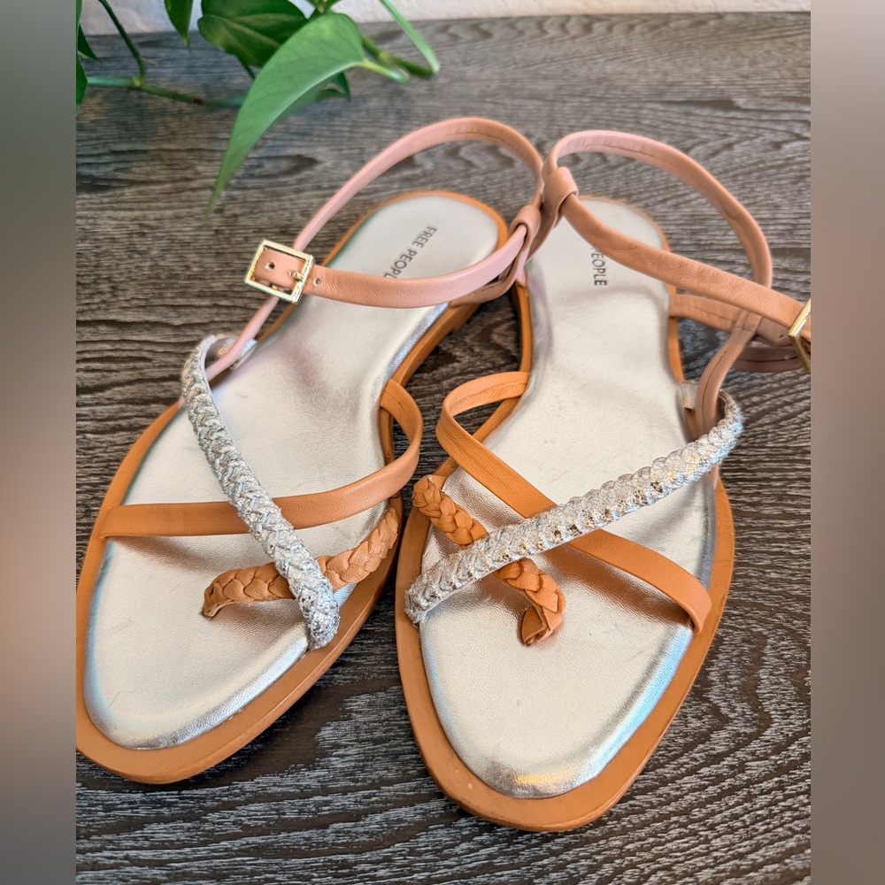 Free People Braided Tan Sandals with Silver Metallic Strap